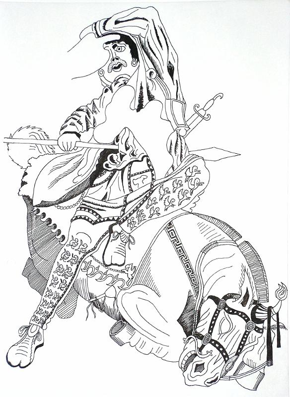 Fallender Würdenträger (Alexmosaik) T43.jpg - Von Alexander getöteter Perser. Trotz leichter Zerstörung des Mosaiks deutlich erkennbar: Die Anaxyrides ist mit Reihen geflügelter Löwen besetzt, darüber Sarapis und Mantel. Neben dem Körper ragt der Griff eines sichelförmigen Hiebschwerts (Kopis) hervor